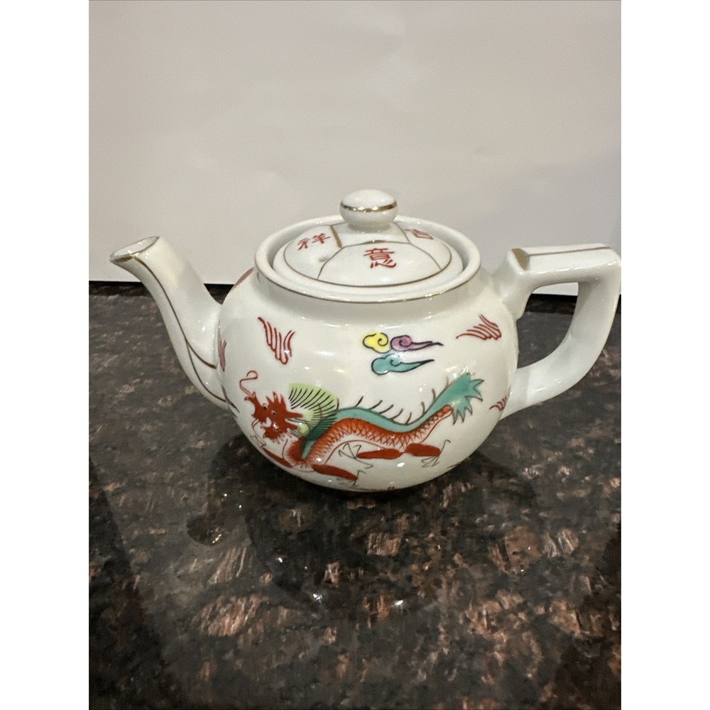 Antique Small Chinese Porcelain Teapot Hand Enameled Phoenix Dragon with Lid